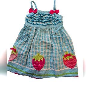 Girls Youngland Blue Seersucker Embroidered Strawberry Summer Ruffle Dress‎ Sz 4